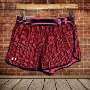 UNDER Armour Run Red Black Print Neon Pink HeatGear Shorts - Size small